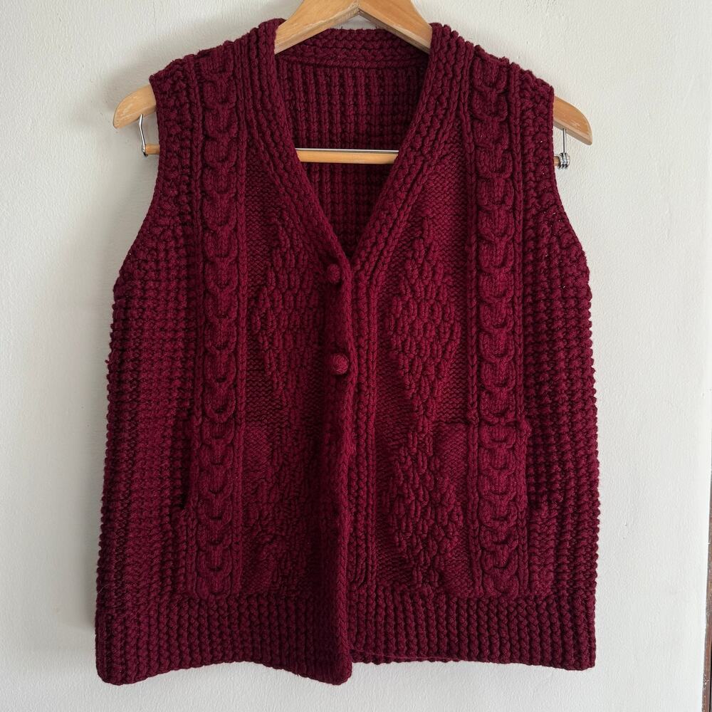 80s Vintage Burgundy Handmade Wool Fisherman Knit Sweater Vest Approx Medium